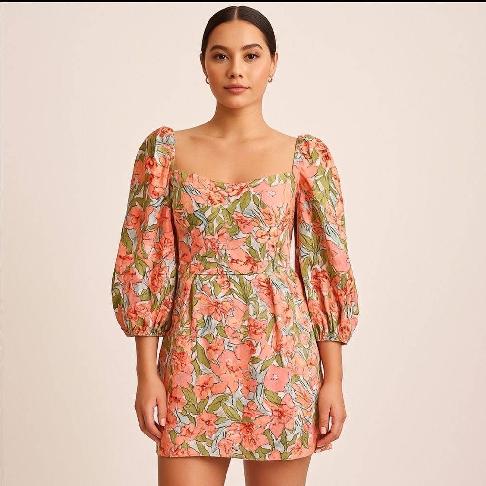 Revolve Warehouse Linen Blend Floral Puff Sleeve Square Neck Mini Dress UK 12
